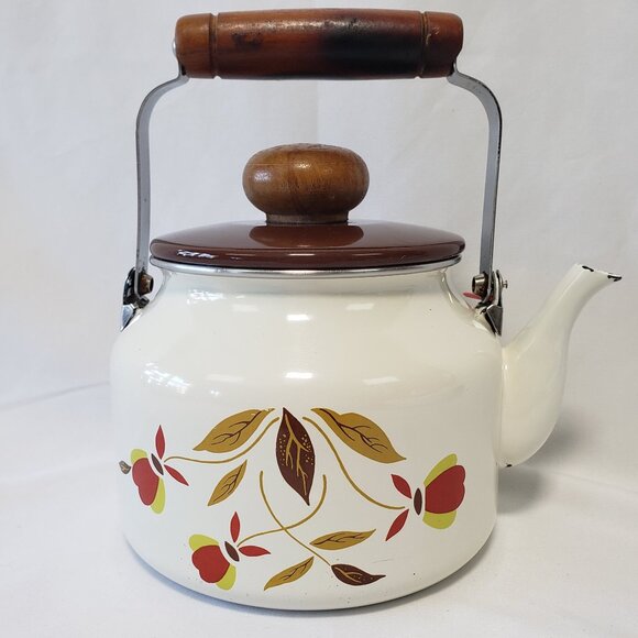 Hall Enamelware Autumn Leaf Teapot Jewel Tea Pot Enamel Metal Kettle Round Wood - Picture 1 of 16